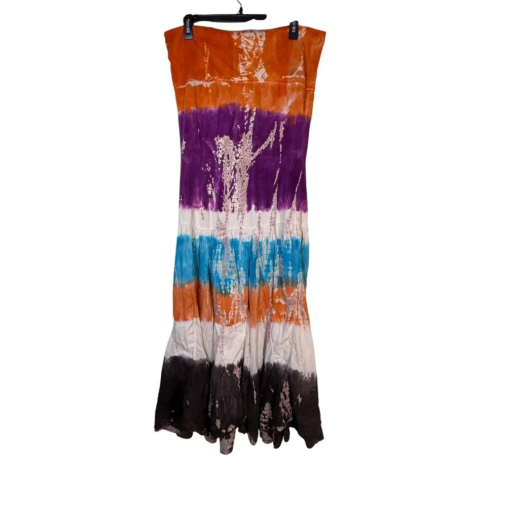 Solitaire Tie Dye Maxi Skirt Womens Large Multi Color Boho Festival Bleached Art